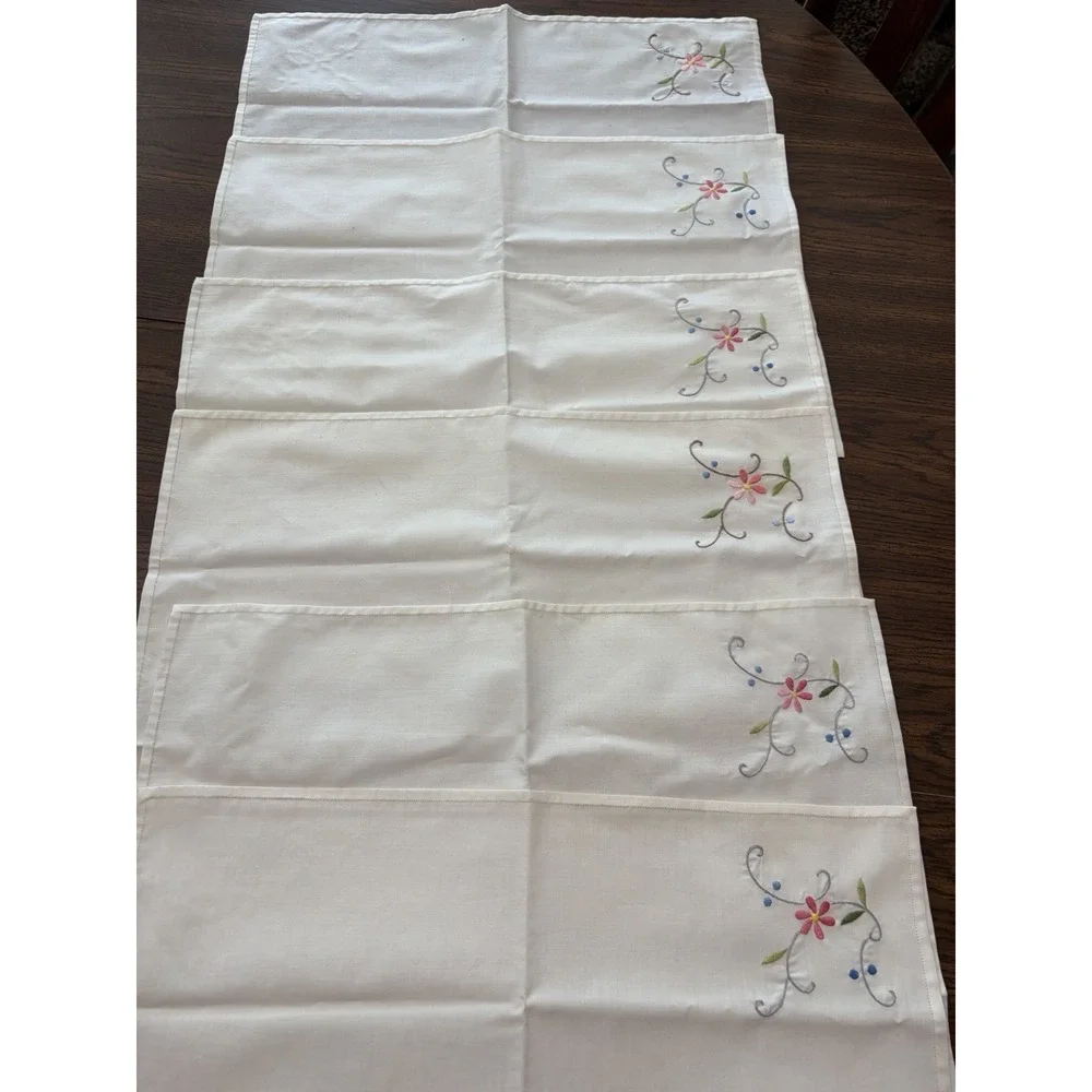 Vintage Embroidered Linen Napkins Set of 6 Floral Pink Blue Hemstitched 16x16